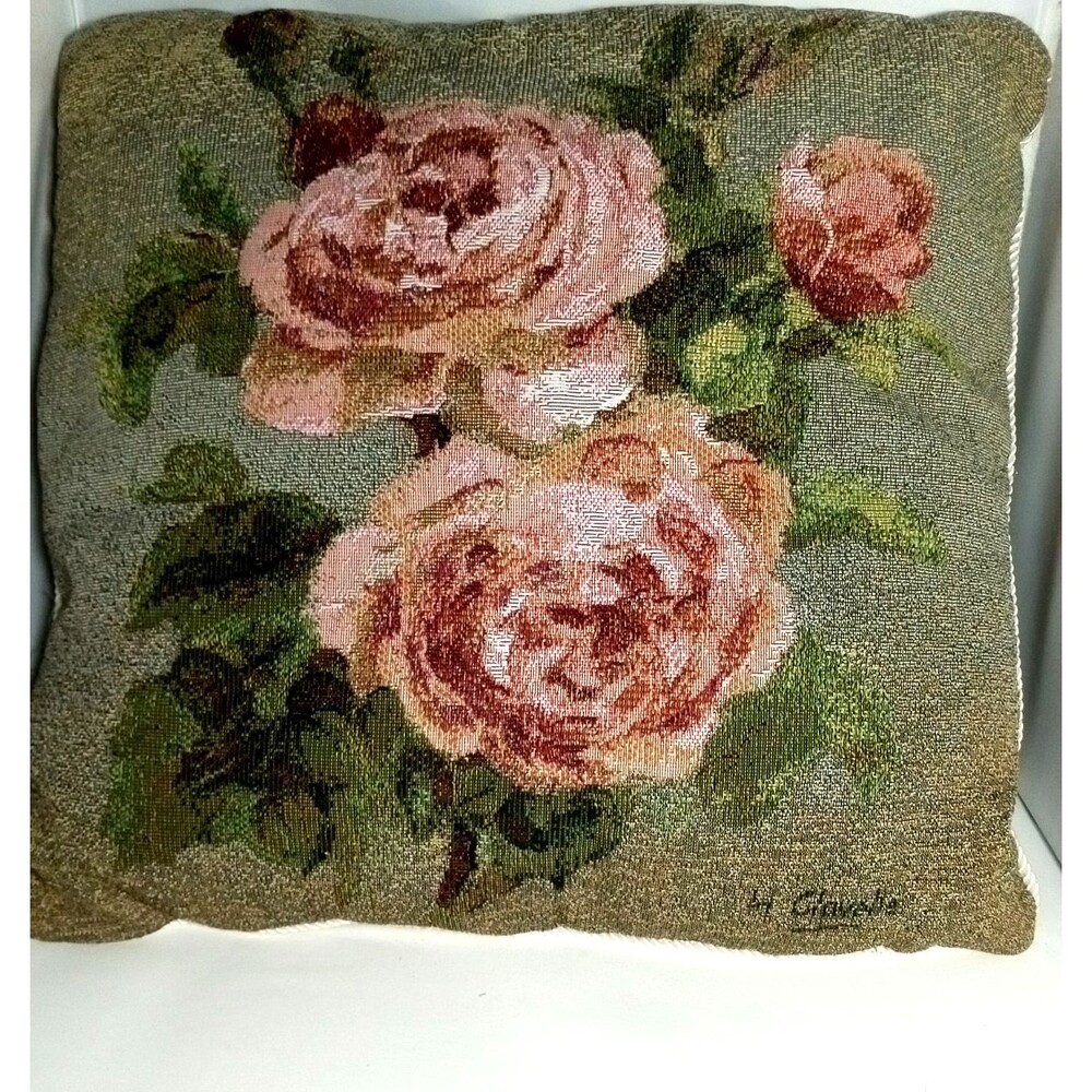 Vintage Clavelle Floral Roses Tapestry Square Throw Pillow Piped Edges